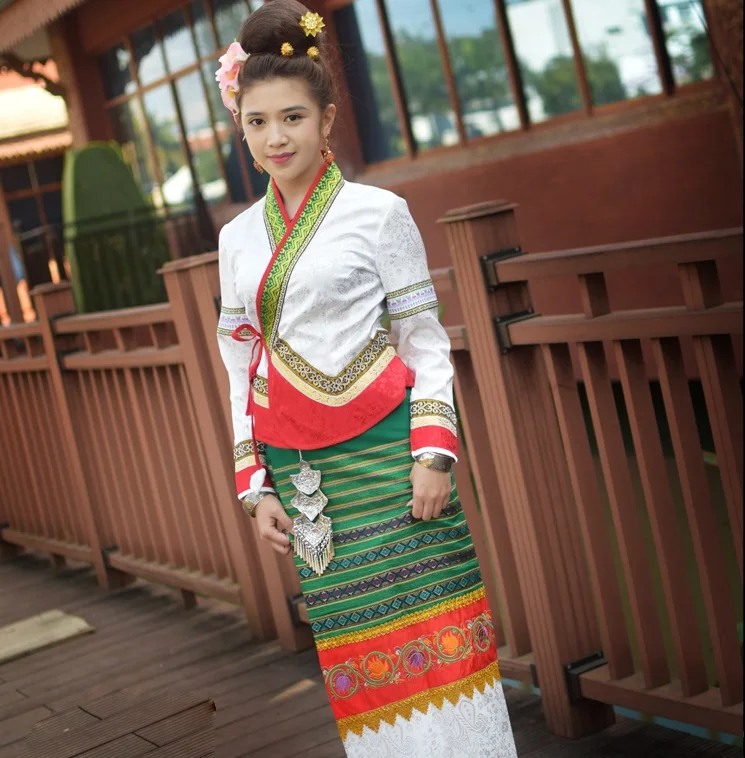 

Thailand Traditional Retro Dai Orange White Green Ethnic minority Festival Dresses Yunnan Dai Princess Clothes Jacket + Skirt
