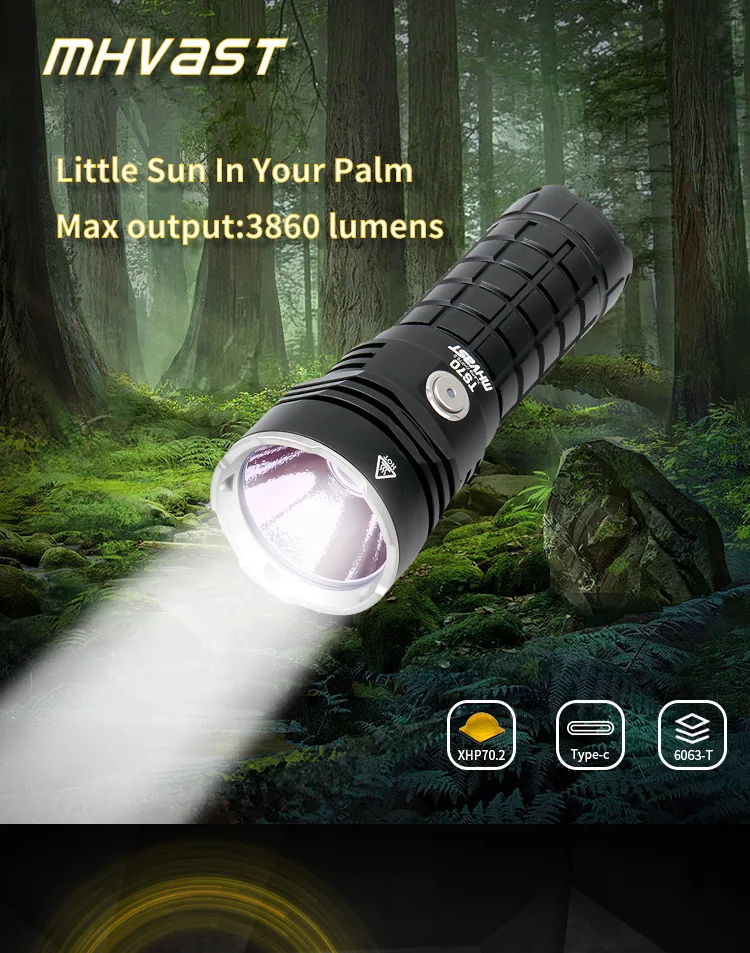 Новинка! MHVAST TS70 светодиодный фонарик cree XHP70.2 3860 lumnes, мощный фонарик для поиска, тип-c, 2А, 26650 аккумулятор, включает в себя