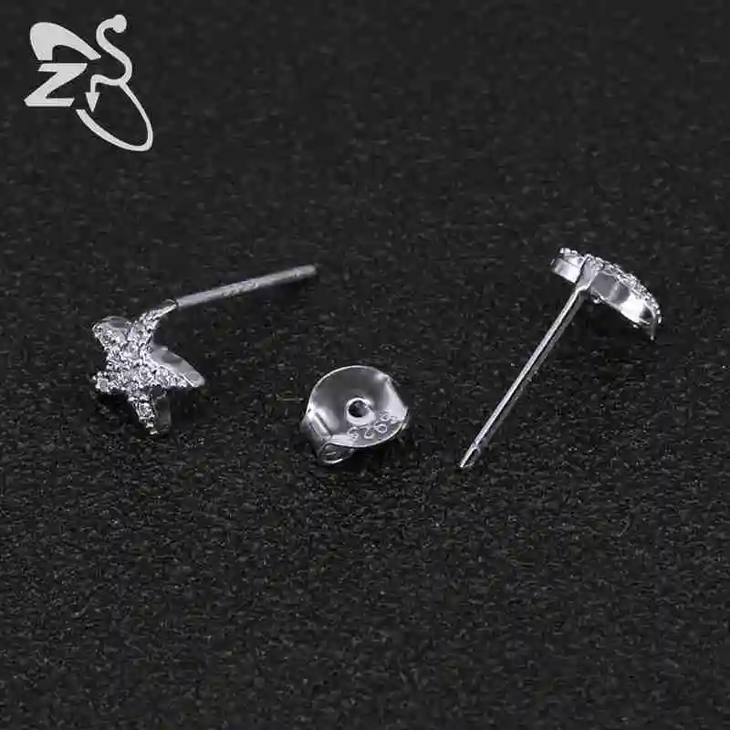 ZS Crystal Stud Earrings Fashion Jewelry Piercing Real 925 Sterling Silver Starfish AAA Cubic Zirconia Small Ear Pin | Украшения и