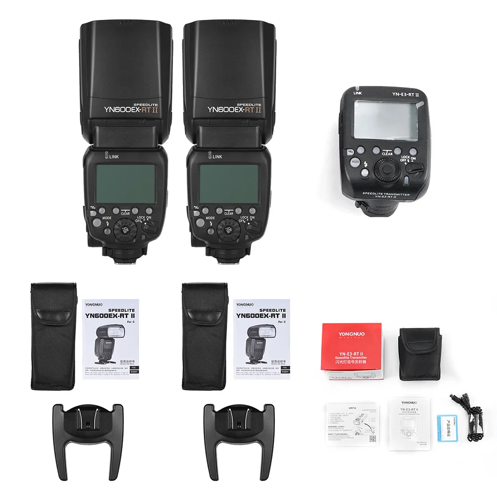2 шт. YONGNUO YN600EX-RT II 4G Wireless 1/8000s HSS TTL Master Flash Speedlite + 1 YN-E3-RT Trigger для камер Canon |