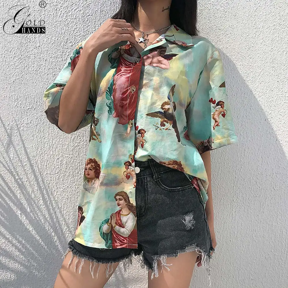 Gold Hands Vintage Aesthetic Cupid Angel Print Women Blouse Shirt Cardigan Short Sleeve Summer Tops Graphic Button | Женская одежда