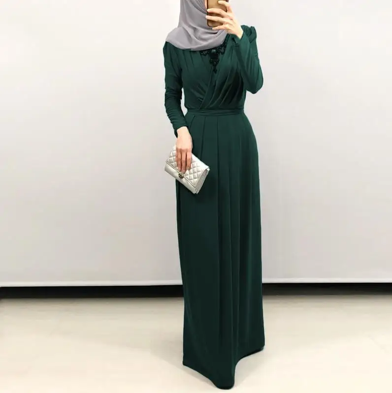 Dark green dress Плиссированное мусульманское платье Абая халат Дубай хиджаб/кафтан абайя s для женщин джайлбаб Рамадан кафтан Marocain Турецкая Elbise Исламская одежда - Цвет: Dark green dress