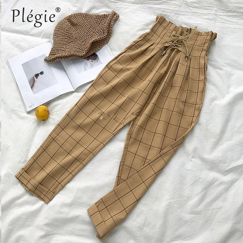 Женские клетчатые брюки Plegie со шнуровкой и поясом на завязках новинка 2019