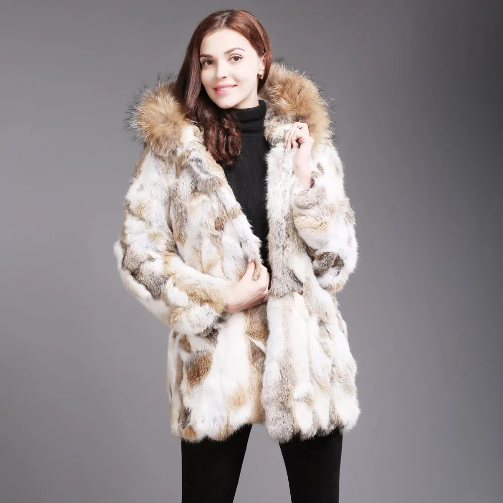 2021 New Women Real Rabbit Fur Coat Winter Warm Long Jacket Raccoon Collar Hooded Sleeve Clothes | Женская одежда