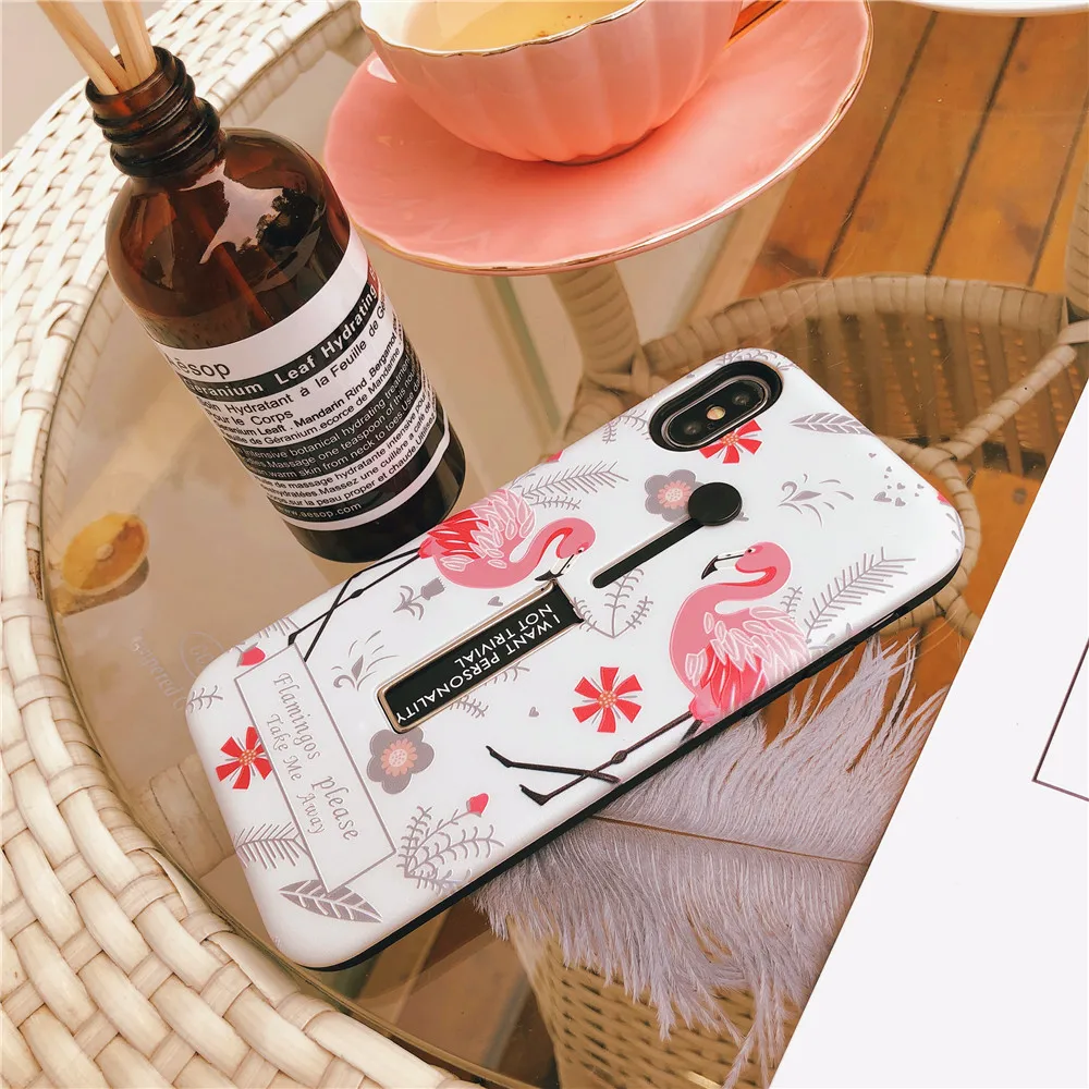High Quality Phone Case For iphone X XS MAX XR Rose Flower Flamingo Cover 6 6s 7 8 Plus Hide Ring Stand Holder Cases |