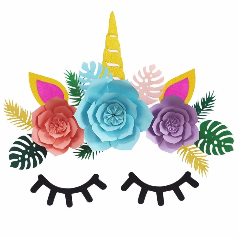 

Unicorn Backdrop Glitter Large Horn Ear Eyelash Face for Birthday Baby Shower Party Supplies Flower Green Leaf Set Wall Sticker