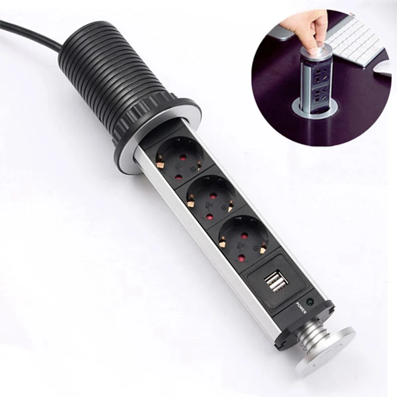 LEORY 1.8m EU Plug Electrical Socket Aluminum Shelf Kitchen Table Up Outlet 3 Plugs Mains Sockets And 2 USB | Электроника