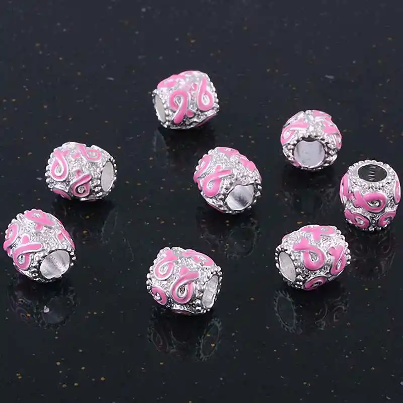 

TUMBEELLUWA 1Lot (10Pc) Enamel Big Hole Silvery European Charm Ribbon Bead Fit Bracelet Bangle Awareness