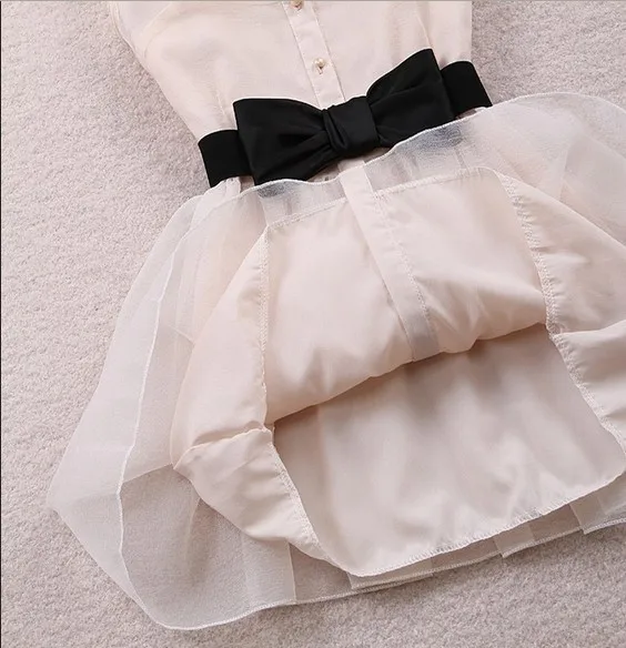 Free Bow Belt Spring Summer 2016 New Fashion Sweet Pearl Diamond Lapel Waist Sleeveless Tank Vest Dress Gauze Tutu Black Beige | Женская