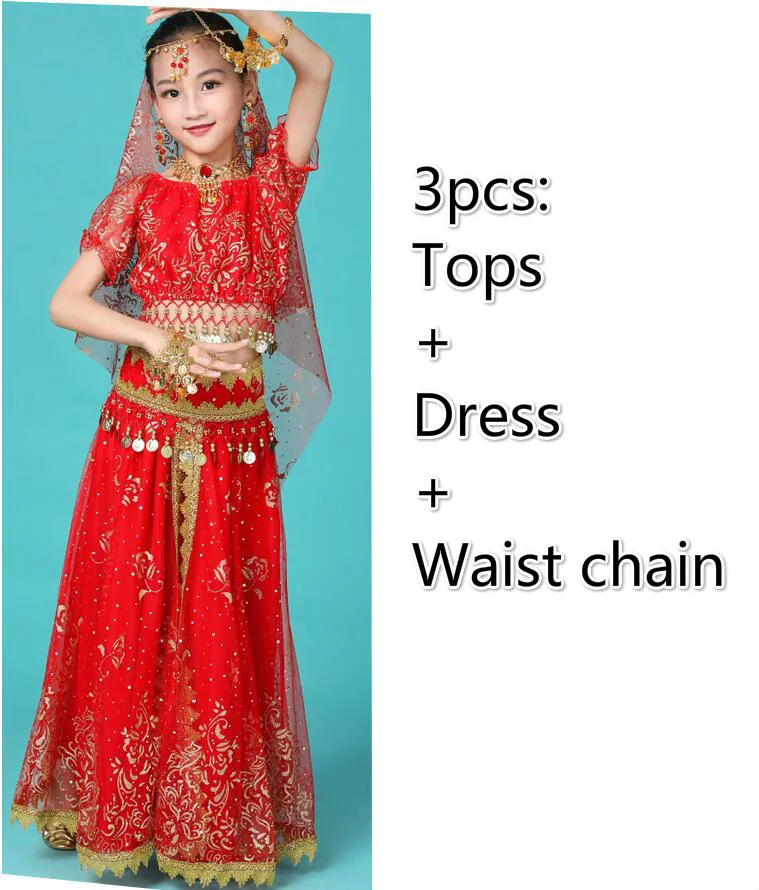 3pcs red Детские индийские костюмы для танца живота, египетские вечерние костюмы для выступлений, танцевальная одежда Для Болливуда, Восточный Костюм для Хеллоуина - Цвет: 3pcs red