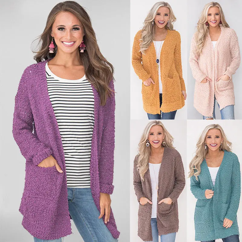 2019 Fashion Womens Popcorn Open Cardigan Long Sleeves Solid Color Knit Sweater with Pockets Tops Front Tunic Length Thin |