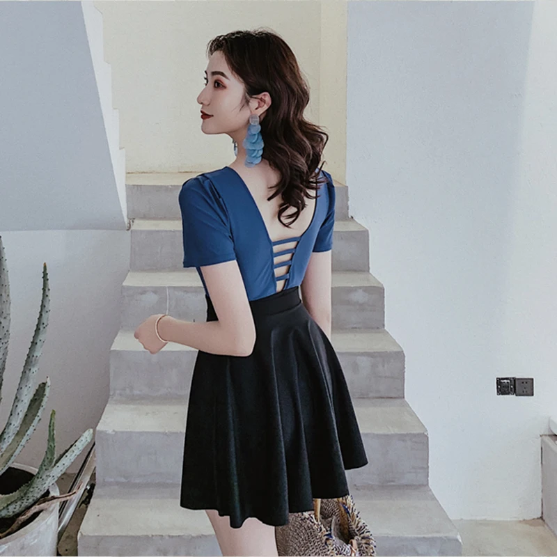 Женский слитный купальник с короткими рукавами пляжный комбидресс высокой