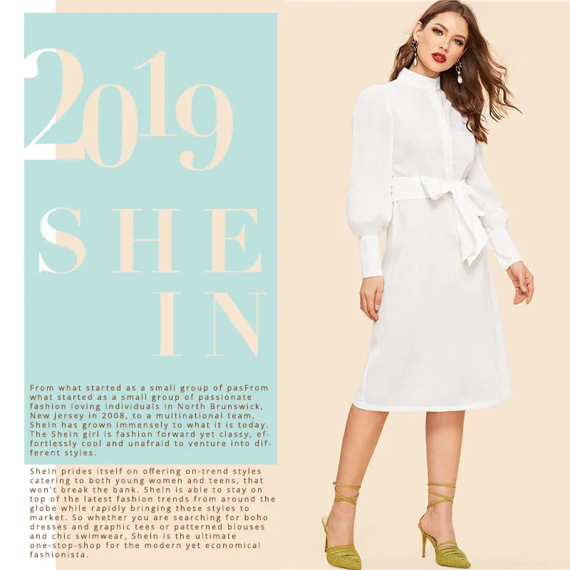 SHEIN Платье С Поясом И Оригинальным Рукавом Женское Весеннее Белое Классическое Платье С Длинными Рукавами И Стоячим Воротником