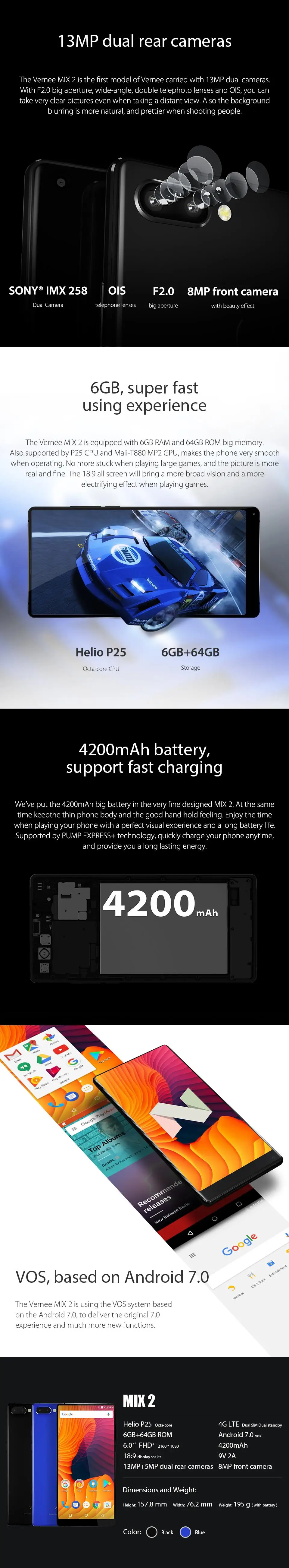 Vernee Mix 2 6," 18:9 FHD+ экран 6 ГБ+ 64 ГБ Android 7,0 13 МП двойной задний объектив P25 Восьмиядерный 2,5 ГГц смартфон с отпечатком пальца мобильный телефон