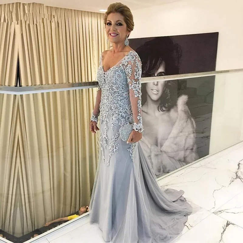 

Silver Muslim Evening Dresses Mermaid Long Sleeves Lace Formal Islamic Dubai Saudi Arabic Long Evening Gown Prom Dresses