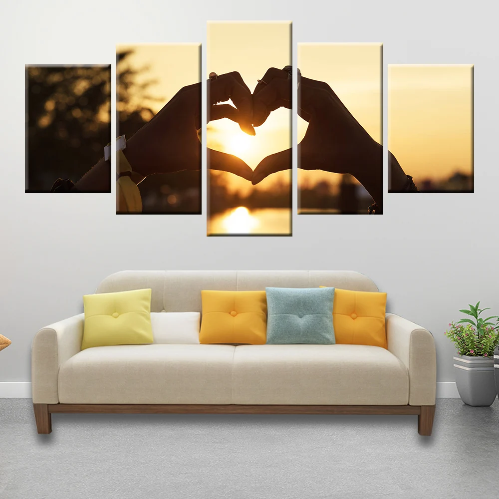 HD printing sunset hand heart shaped landscape painting poster wall art 5 panel for home decoration living room bedroom mural | Дом и сад