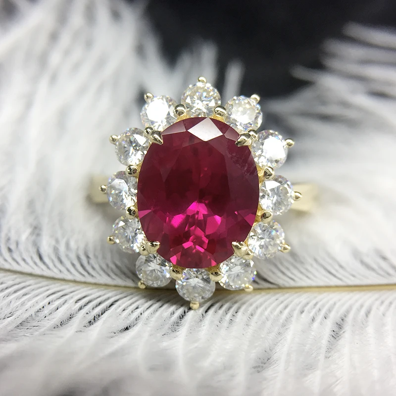 Genuine Woman Engagement Rings 8x10mm Lab Ruby with Moissanite Jewelry Solid 14K Yellow Gold Ring Classic Lady | Украшения и