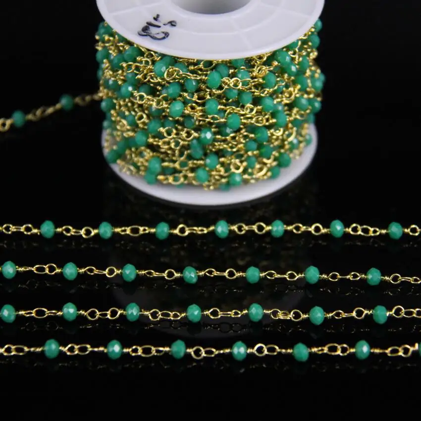 

5Meters,3x4mm Amazonite green Glass Faceted Rondelle beaded Chain,Plating Gold Wire Wrapped Rosary Chain DIY Necklace Jewelry