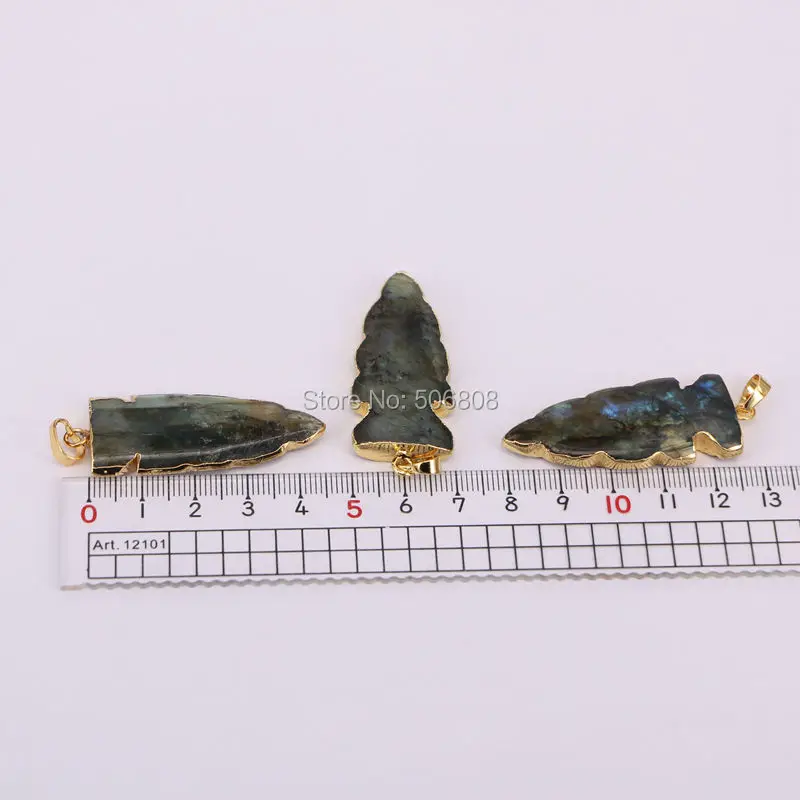 

3pcs Natural Labradorite Pendant Charms, Gold color Arrow Labradorite Pendant