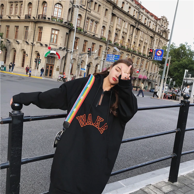 L-3XL New Fall Winter Women Letter Print Loose hoodies Dress Girl streetwear Trend Fashion Long Style Pullovers Sweatshirts