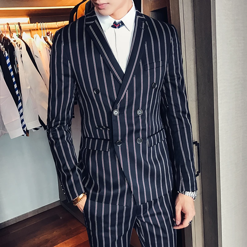 2017 мужские костюмы в полоску костюм двойка двубортные Ternos Slim Fit Smoking Masculino для