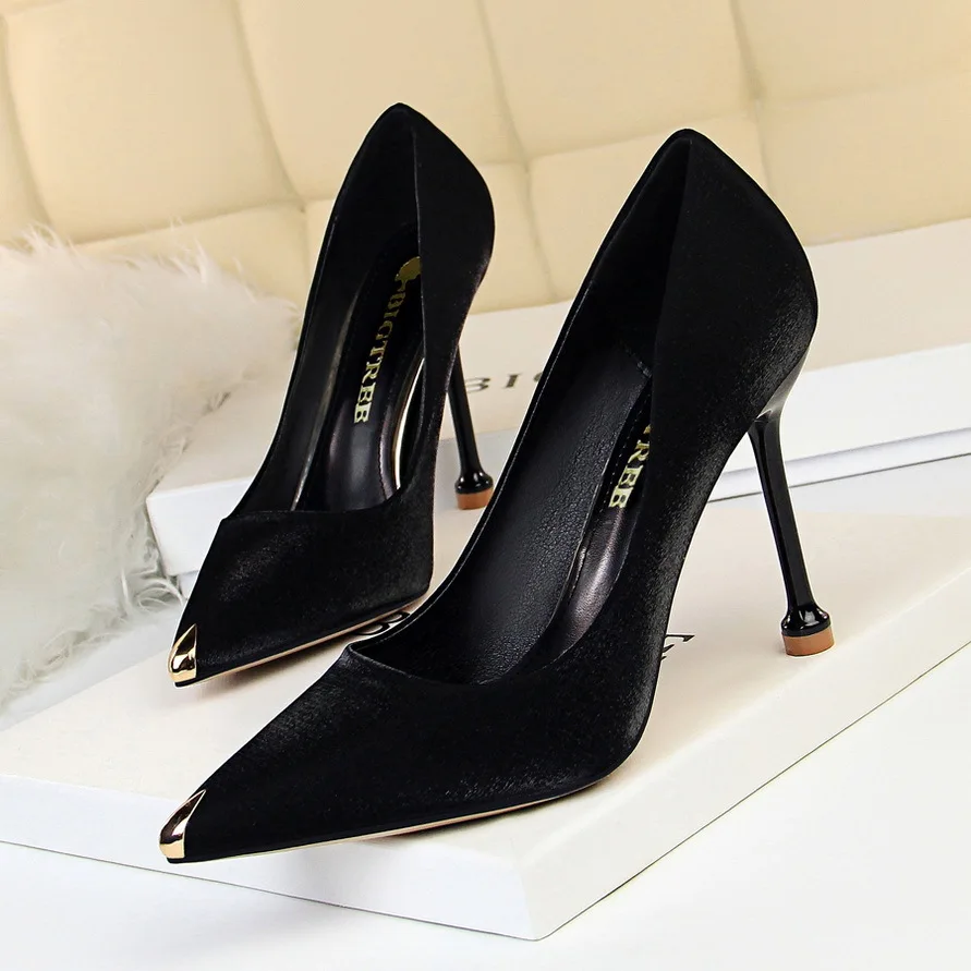 Koovan Women's Pumps 2022 Fashion Banquet Women's Shoes High-heeled Satin Shallow Metal Pointed Sexy Single Shoes For Women