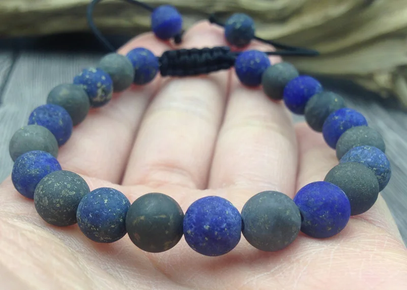 YA2876 Matte Pyrite Lapis 8mm Beads Knot Adjustable Bracelet | Украшения и аксессуары