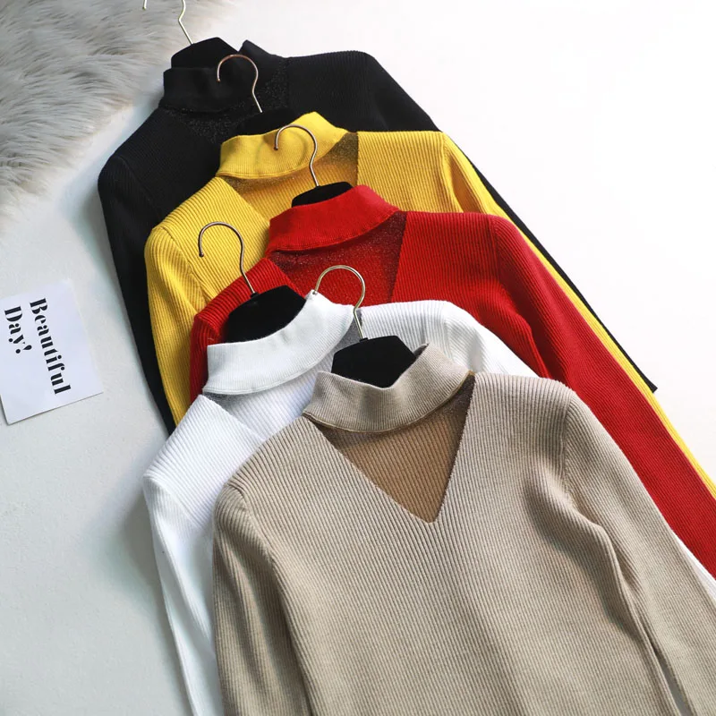 Женский облегающий свитер EW осенне-зимний с v-образным вырезом и длинным рукавом