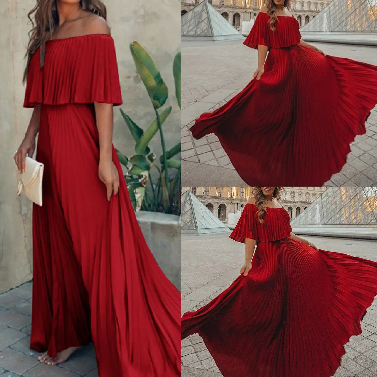 Женское длинное плиссированное платье Boho вечернее пляжное с открытыми плечами