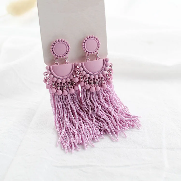 Boho, длинные серьги с несколькими кисточками,, модные, черные, розовые, Висячие, бусины, кисточки, серьги, Бронкос, шелковая бахрома, серьги, ювелирные изделия для женщин - Окраска металла: Purple