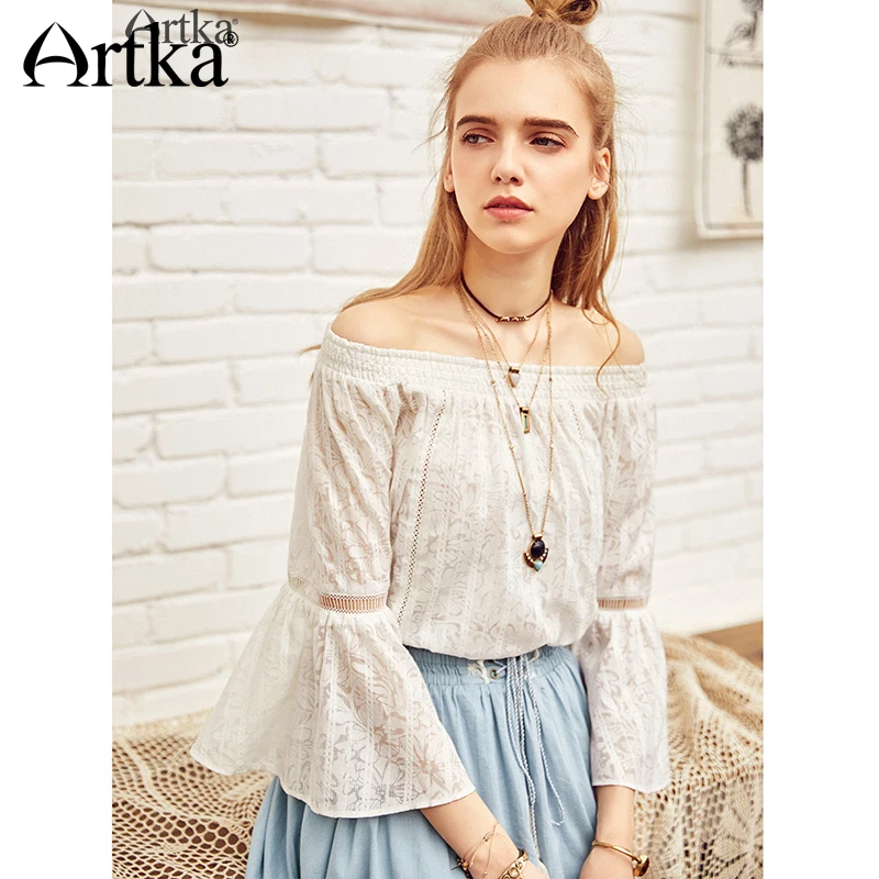 ARTKA/2018 летняя Новинка Женская Однотонная рубашка с длинным рукавом расклешенная