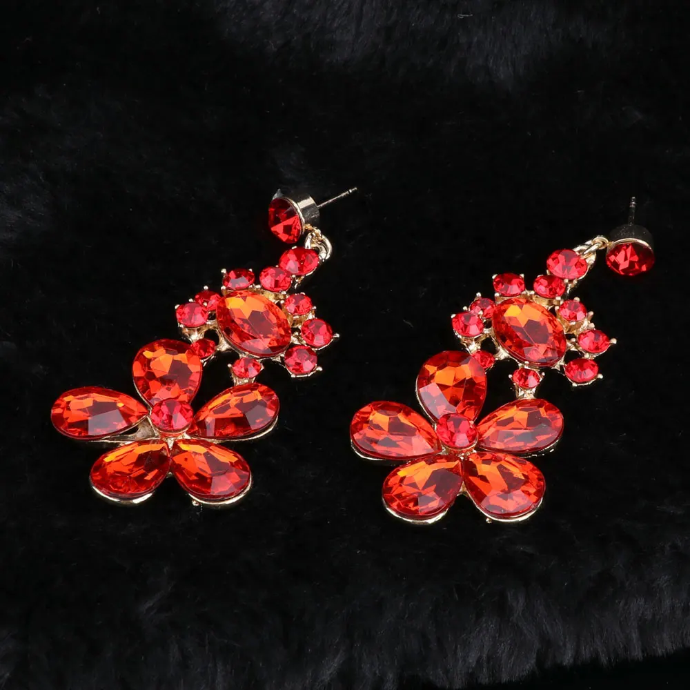 OEOEOS Gold Color Luxury Crystal Bridal Jewelry Sets Flower Shaped Rhinestone Necklace Earrings Prom Wedding | Украшения и