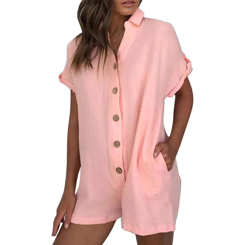 Летний хлопковый льняной игровой костюм с коротким рукавом женский комбинезон