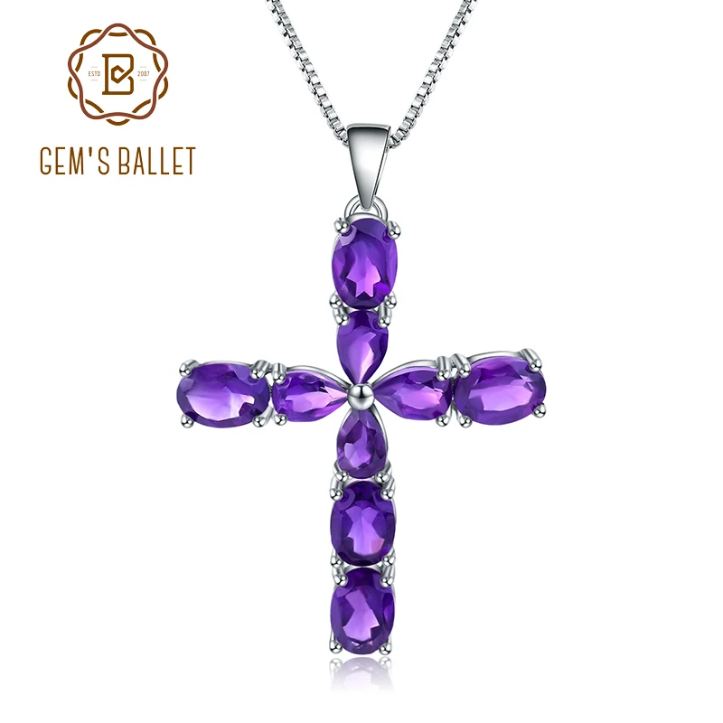GEM'S балетные 925 пробы серебряные ювелирные изделия 5.59Ct натуральный аметистовый драгоченный камень крест кулон ожерелье для женщин