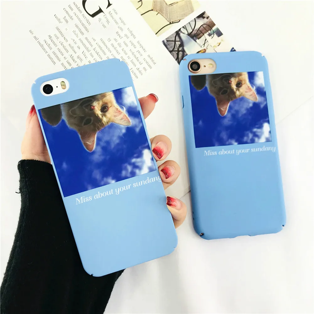 Interesting Cat Illustration Blue Sky Cases For Iphone 6 Pet Theme Phone 6s Plus Matte Hard PC Shell |