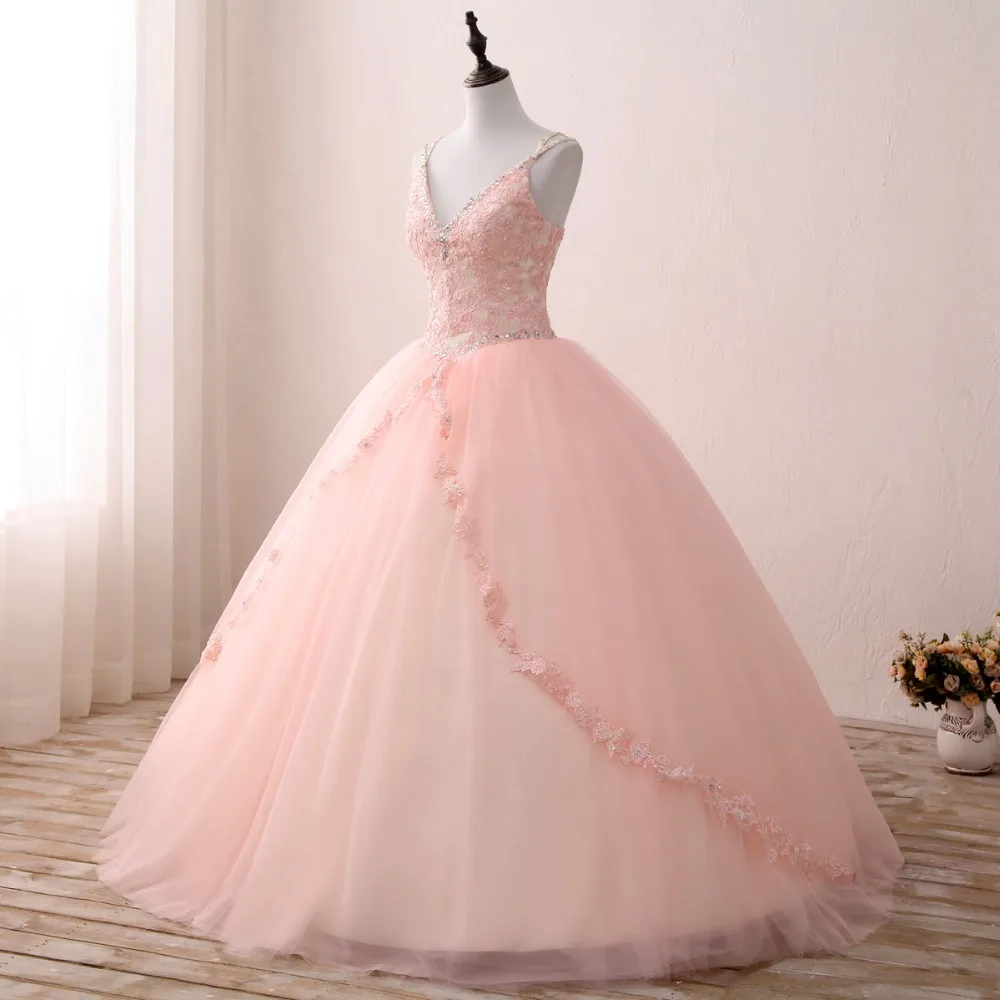 ANGELSBRIDEP Тюль бальные платья с v-образным вырезом, с кружевными аппликациями, сладкий 16 пышные бальные платья для выпускного вечера светится в течение 15 лет