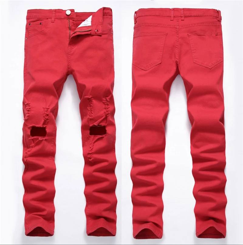 Новая мода повседневное мужские SkinnyStretch состаренные джинсы Рваные Slim Fit отверстия джинсы для женщин мотобрюки мужчин Прямая