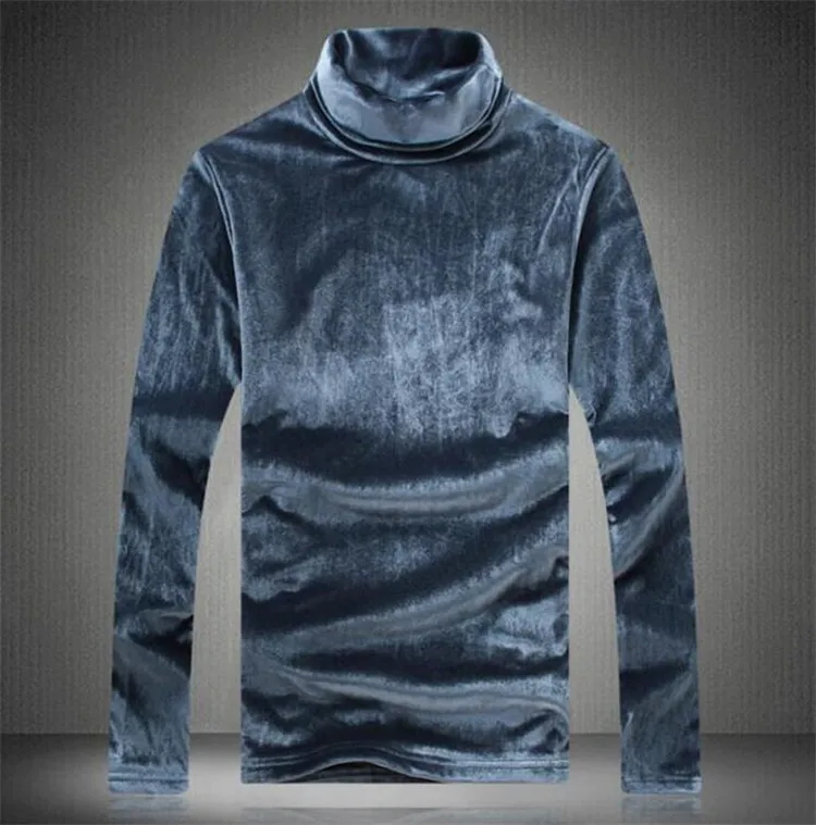 GREY-BLUE Весенне-осенняя Новая мужская футболка из золотого бархата с длинным рукавом, водолазка, футболки, повседневная облегающая футболка размера плюс M-6XL, 7XL - Цвет: GREY-BLUE