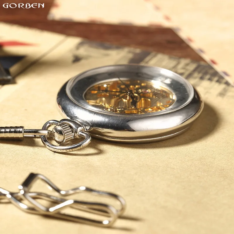 Luxury Silver Skeleton Mechacnical Mens Pocket Watch with FOB Chain Hot Smooth Steel Women Unisex Hand winding Pocket Watches