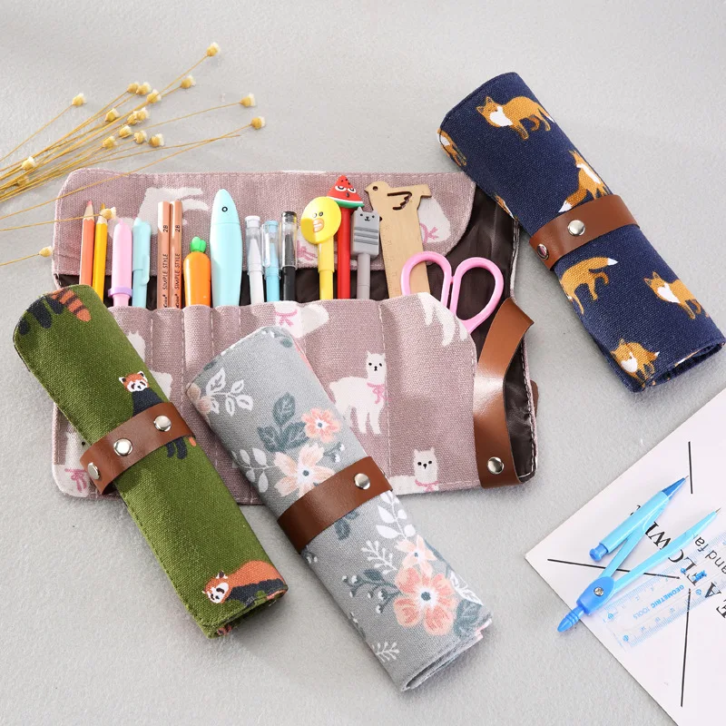

10pcs Kawaii Fabric Flower Alpaca Roll Up Pencil Bags for School Office Supplies Cute Pencils Pouch Marker Organizer Stationery
