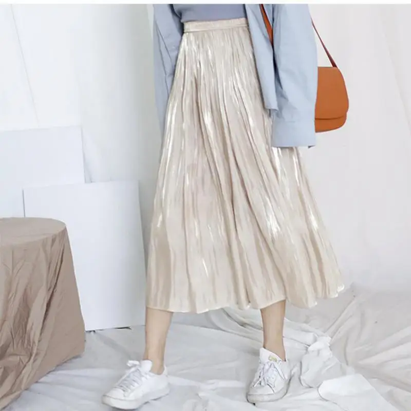 

2020 6 Colors Available Summer New Arrival Hot Jupe Longue Silky Smooth Pleated Skirt Big Pendulum Ladies Skirts clothes