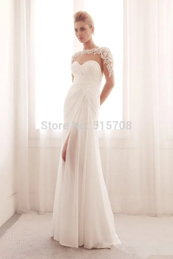 Eleagnt Beach 2015 Summer Wedding Dress Appliques A-Line Scoop Zipper Back Sheer Long Sleeve Split Side Sweep Train Bridal Gown | Свадьбы и