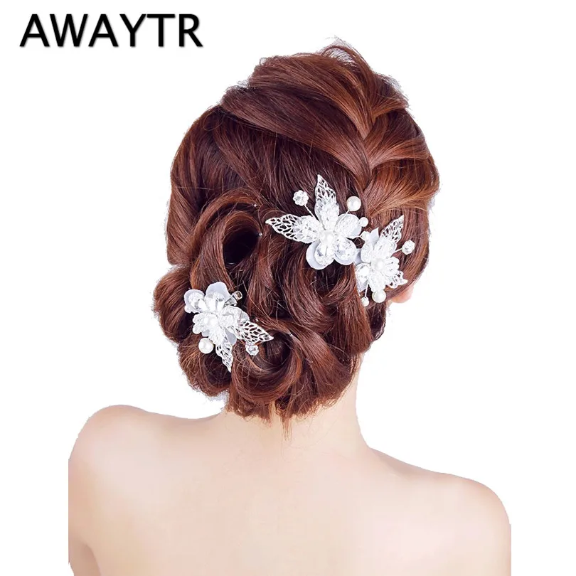 AWAYTR Silver Color Pearl Crystal Wedding Hair Combs Woman Sweet Flower Hairpin Rhinestone Clips Bridal Accessories | Украшения и