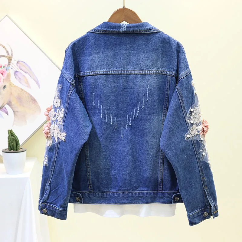 Neploe Spring Women Fashion Denim Jacket Embroidery Beading Flowers Short Jackets Coat Woman Long Sleeve Jean Jacket 90199