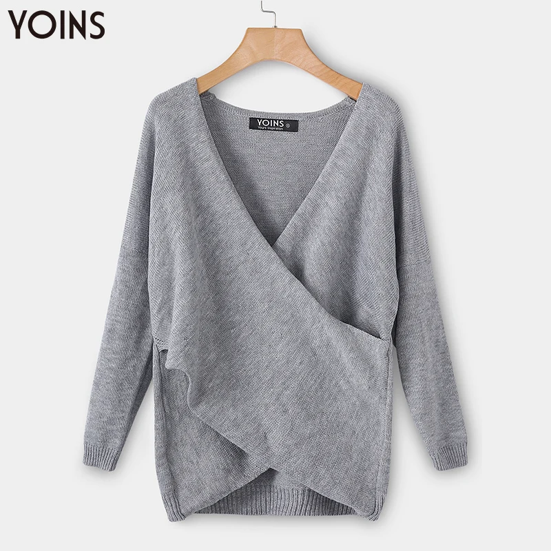 YOINS 2019 осень зима Женский свитер с v-образным вырезом и длинным рукавом Подол
