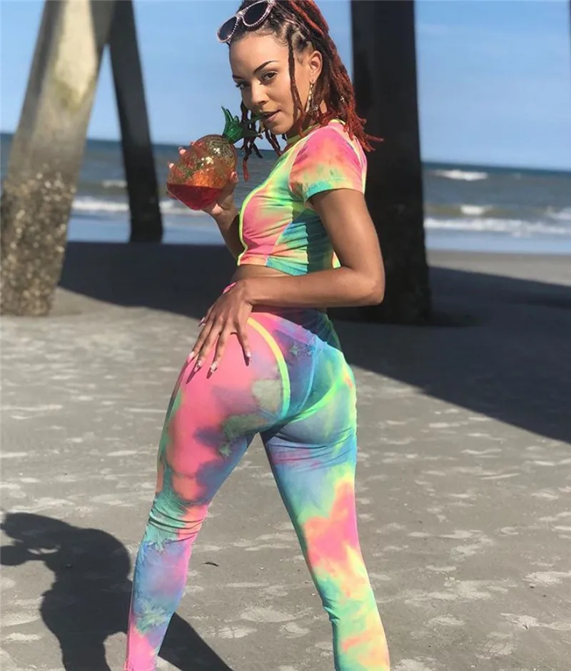 

Tie Dye Galaxy Print 2 Piece Set Women Tracksuit Short Sleeve Crop Top Pencil Skinny Pants Fmeale Summer Sporting Clothing