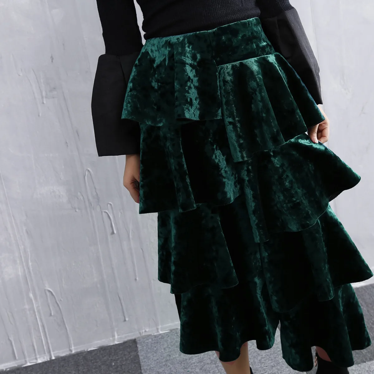 ASYMSAY Europe Lotus Leaf Asymmetry Shiny Fabric Velvet Skirt For Women Back Split Elastic High Waist Skirts Female AC2122|velvet skirt|waist