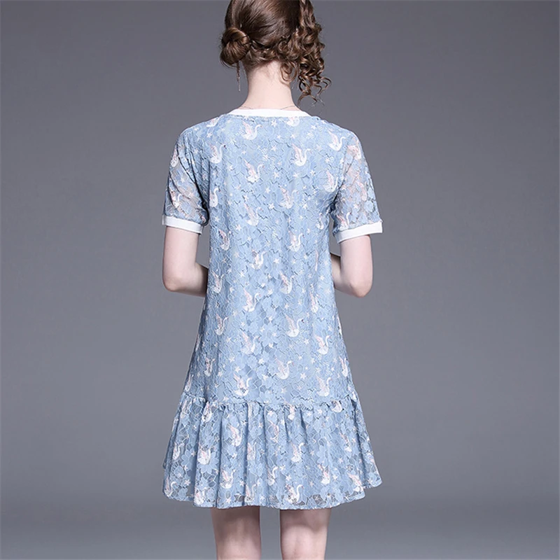 

Round neck Short-sleeved Dress 2020 New Women Summer Temperament Dresses Loose openwork Lace Print Short Dress W064
