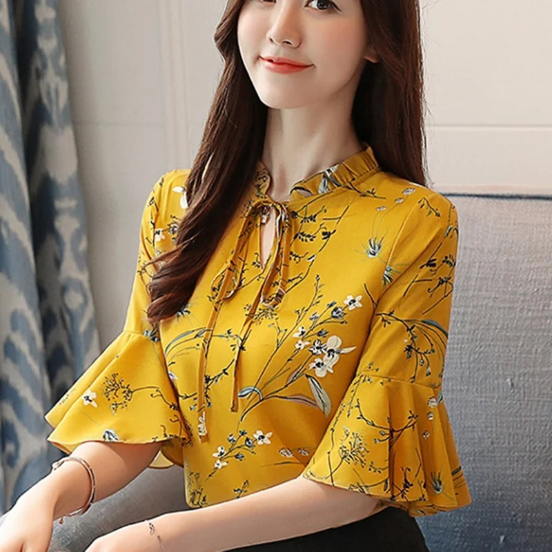 Женские летние топы блузки из шифона женские Цветочный принт Женская блузка с