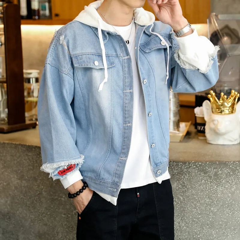 Новинка 2019 джинсовая куртка с капюшоном мужское однотонное свободное пальто из